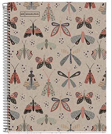 Miquelrius - Notizbuch, 100 % recycelt, 1 farbiger Streifen, A4, 80 Blatt liniert, Papier 80 g, 4 Bohrungen, Einband aus recyceltem Karton, Design Ecobutterfly