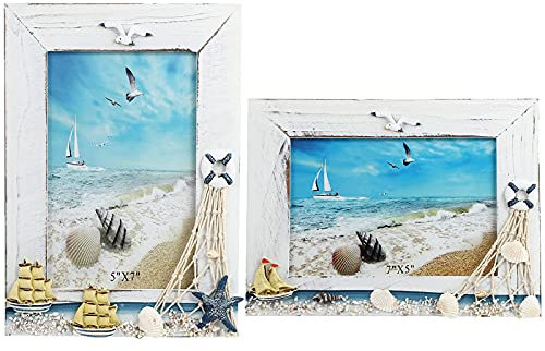 Tisch Fotorahmen 7, 2Pcs Holzrahmen für Fotos, Bilderrahmen Vertikal, Fotorahmen mit Standfuß, Holz Nautische Bilderrahmen mit Meeresstern Möwe Deko, Mediterranen Stil für Büro, Tischdekoration