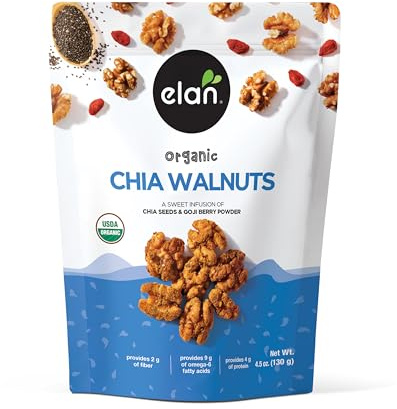 Elan Organic Chia Walnuts, 4.5 oz, Non-GMO, Gluten-Free, Vegan, Kosher, Healthy Snacks, Glazed Nuts with Chia Seeds, Goji Berry Powder & Himalayan Pink Salt, Superfood Infused Nuts