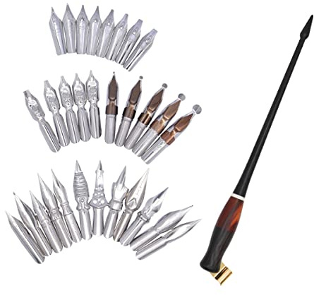 SIPLIV Set portapenne obliquo per calligrafia, manico in legno con 30 pennini in acciaio inox, per calligrafia inglese, disegno fumetto, nero