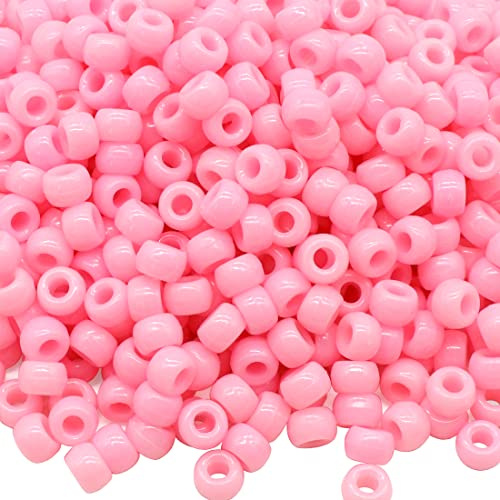 1000 pièces Perles de poney pour bracelet - Perles de tonneau en plastique rose de 9 mm pour collier, perles de cheveux pour tresses pour filles, porte-clés, fabrication de bijoux (rose)
