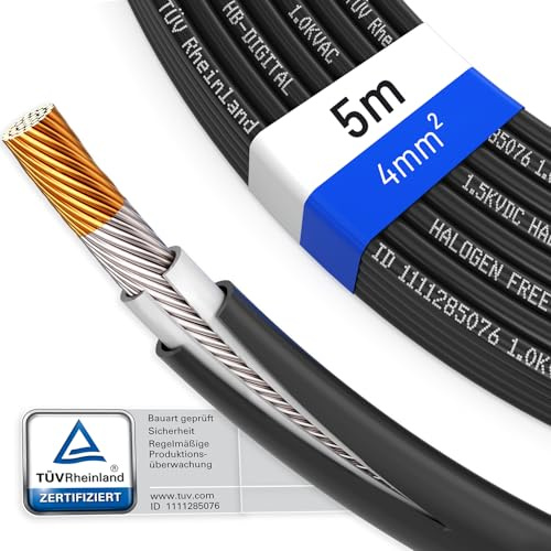 HB-DIGITAL 5m Solarkabel 4mm² H1Z2Z2-K TÜV-zertifiziert UV-beständig flexibel PV Kabel Reines Kupfer 1500V Verlängerungskabel Photovoltaik für Solarpanel Wechselrichter Laderegler schwarz