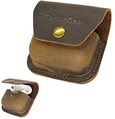 TarbicGear Belt Clip Airpod Case, Universal Leather Belt Holster for Airpod Pro, Samsung Galaxy Buds and Beats Studio Buds, Real Leather Earbuds Pouch for Belt, Brown Color