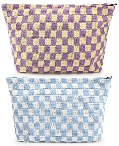 SOIDRAM Lot de 2 grandes trousses de maquillage à carreaux en toile - Trousse de toilette de voyage - Organisateur de pinceaux de maquillage mignons - Accessoires esthétiques - Sac de rangement pour