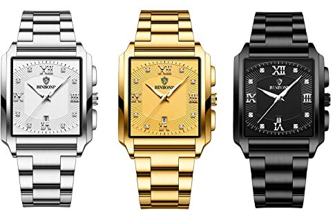 JewelryWe 3pcs Armbanduhr Herren Datum Kalender 30M Wasserdicht Rechteckige Analog Quarz Uhr Edelstahl Armband Herrenuhr mit Römischen Ziffern Zifferblatt und Leuchtend Zeiger, Gold Silber Schwarz
