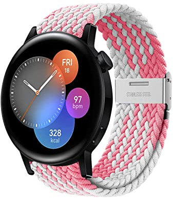 Niboow 20mm Tressée Bracelet pour Huawei Watch GT 3 Pro 43mm/GT 3 42mm/GT 2 42mm/Watch 2/Watch 2 Pro/Honor Magic Watch 2 42mm, Ajustable Nylon Bracelet pour Huawei Watch 2 Sport - Rose/Blanc