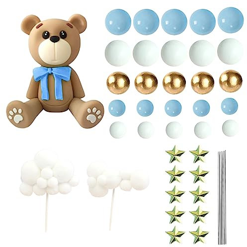 48-teiliges Kuchen Deko Junge, Teddybär Kuchen Dekoration, Baby Tortendeko, Blauer Bär Deko Happy Birthday Cake Topper DIY Tortendeko Hochzeit (Blau)
