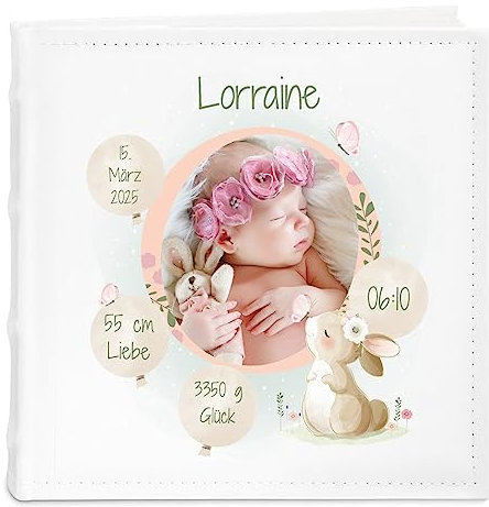Maverton Einsteckalbum mit Aufdruck - Fotoalbum für 200 Fotos 10x15-50 Seiten - Größe: 21x22cm - Weiß - personalisierte Geschenke für Kind zur Taufe Geburt - Geburtstagsgeschenk