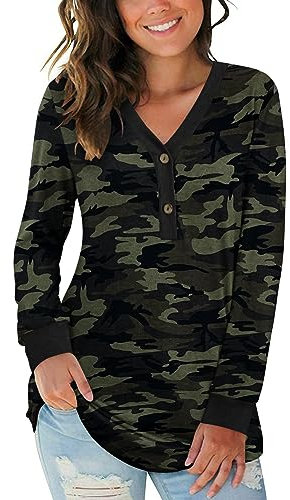 AUSELILY Women's Long Sleeve V-Neck Button Tops Henley Blouse Causal Loose T Shirt(Camouflage,L)