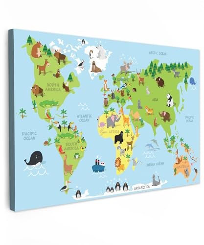 MuchoWow© Wandbilder Wohnzimmer Wanddeko Schlafzimmer Zimmerdeko Fotowand | 60x40 cm - Zimmer Deko Wand Dekoration Wall Art Leinwand Bild Weltkarte Kinder - Landkarte Welt - Tiere - Kinderzimmer