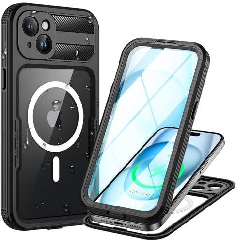 Lanhiem für iPhone 15 Hülle Wasserdicht,Handyhülle für iPhone 15 IP68 Wasserfest Schutzhülle mit Magsafe,360 Outdoor Case Stoßfest Staubdicht Panzerhülle mit Kameraschutz/Displayschutz,Schwarz