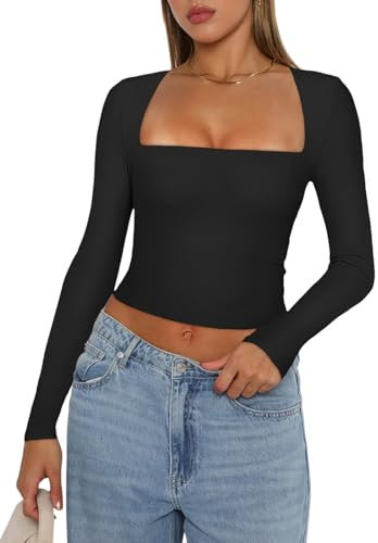 REORIA Women's Fall Sexy Casual Square Neck Long Sleeve Tight Cropped T Shirts Slim Fitted Basic Y2K Trendy Going Out Crop Tops for Teen Girls Black Medium