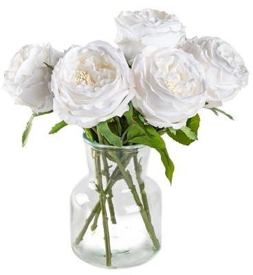 DuHouse 5 rose finte bianche in seta con steli, rose artificiali realistiche al tatto, per composizioni nuziali, feste e decorazioni per la casa(Bianco)