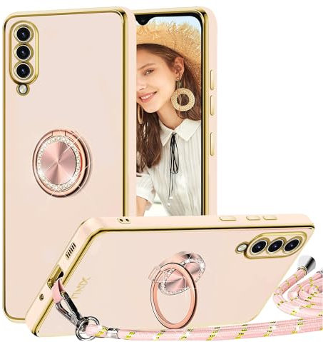 TVVTPU Coque pour Samsung Galaxy A50 avec Cordon et 360 Degrés Anneau Support, Étui Housse Antichoc Souple Silicone TPU Bumper Protection Case avec Amovible Collier, Rose