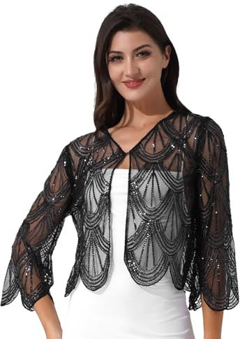 Sinleey Womens Shiny Sequins 1920s Vintage Crop Cardigan Long Sleeve Open Front Bolero Shrugs for Evening Dresses Black One Size