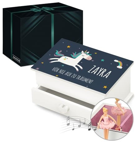 Maverton personalisierte Musik Schmuckdose mit Aufzieh-Spieluhr - Schmuckkästchen Ballerina - Musikspieldose für Mädchen zur Geburt - zum Geburtstag - zu Weihnachten - mit Schublade - Einhorn