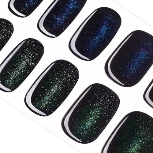 DANNI & TONI Semi Cured Nail Strips,Two Colour Cat Eye Soft Self-Adhesive Gel Nail Stickers,Salon-Quality Gel Nail Polish Strips Manicure Stickers Set(Oceanic Panther) 28 Stickers
