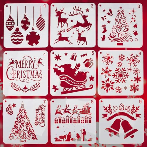 Weihnachtsschablonen zum Basteln, wiederverwendbar, 9 Stück, Weihnachtsmalerei, Zeichnungsvorlage, Weihnachts-Fenster-Schablonen für Schnee-Sprühkunst, DIY-Handwerk, Glasmalerei auf Holz und Fenster