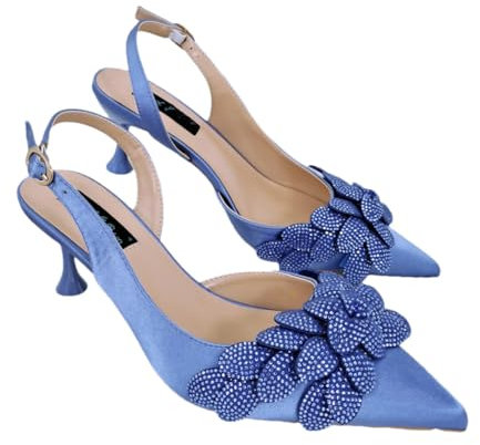 Fjnbbiot Handgefertigte nigerianische Schuhe, modisch, elegant, spitzer Zehenbereich, Damen-Pumps, Kristallgriff, Clutch, ein Paar, Blau, Größe 38