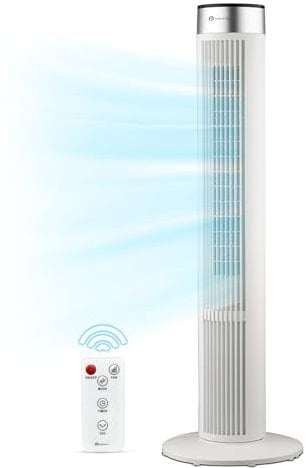 PureMate 40-inch Tower Fan, Oscillating Standing Fan with Remote, 3 Speeds, LED Display, 3 Operational Modes, 7.5-Hour Timer, Portable 45W Quiet Floor Bladeless Fan for Bedroom & Home