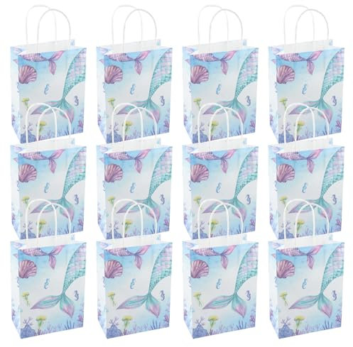 Nivofu 12 Stück Geschenktüten Bunt, Meerjungfrau Party Taschen, Papiertüten aus Kraftpapier mit Henkel, Gastgeschenke Tüten, Mitgebseltüten, Geschenktüten für Geburtstag - 15 * 8 * 21 cm (Blau-C)