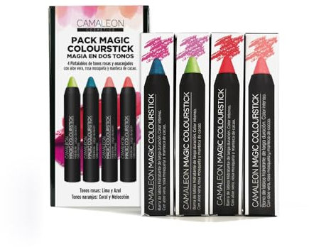 Camaleon Cosmetics - Pack 4 Pintalabios Magic Colourstick - Dos Tonos - Anaranjados y Rosados - Color: Coral, melocotón, azul y lima.
