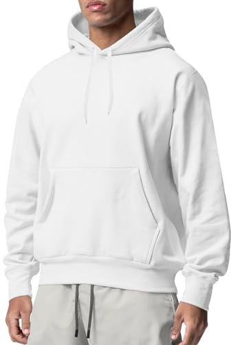 Generisch Felpa da uomo basic, con cappuccio, streetwear, per le mezze stagioni, da uomo, per fitness, allenamento, sport, stile casual, basic, inverno, primavera, bianco, L