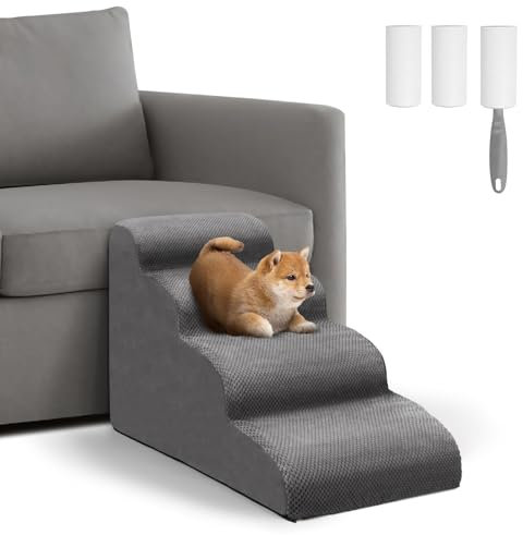 Mozvvco Escaleras para Perros de 4 Peldaños, Rampa para Mascotas de Espuma de Alta Densidad, Escaleras para Mascotas con Cubierta de Felpa Extraíble y Lavable, para Sofá o Cama, Gris