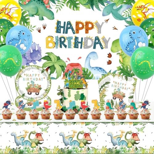 Dinosaur Tableware Party Set, 53pcs Dinosaur Birthday Party Decorations, Party Decorations for Boy, including Party Plate Set, Cake Decoration Balloons Tablecloth, for Birthday Children Party