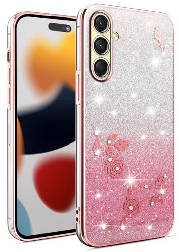 ILING Ragazza Cover per Samsung Galaxy A55 5G, Colorato Custodia con Elegante Pattern di Rose, Brillantini Strass, Ultrasottile Morbido Silicone TPU Bumper Antiurto Case (Rosa)