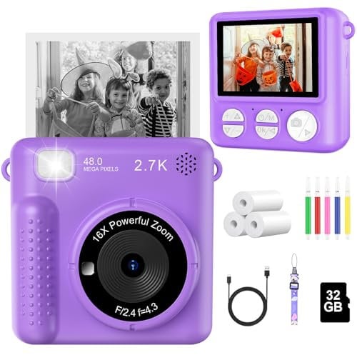 CUIOLTOY Kids Instant Print Camera, 2.4 16X Zoom, 1080P Digital Camera with 32GB Card & Print Papers - Purple