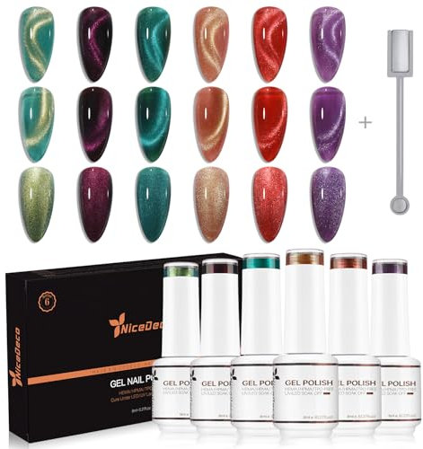 Nicedeco Cat Eye UV Gel Set - 6 Farben Katzenaugen Nagellack Mit 1 Magnet - Soak Off Magnetic Set 6-43 (8ml)