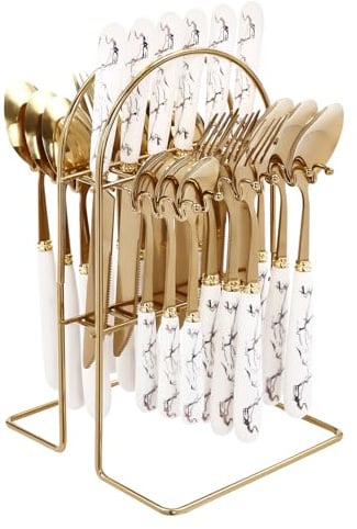 24-Piece Stainless Steel Dinner Cutlery Set With Stand Metal Rack Storage Knives Spoons Forks Teaspoons for family restaurants kitchens restaurants hotels parties etc (White handle with stripes)