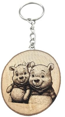 Promotech Porte-clés unique en bois gravé au laser l'ourson et son ami, Bois naturel, W5L5