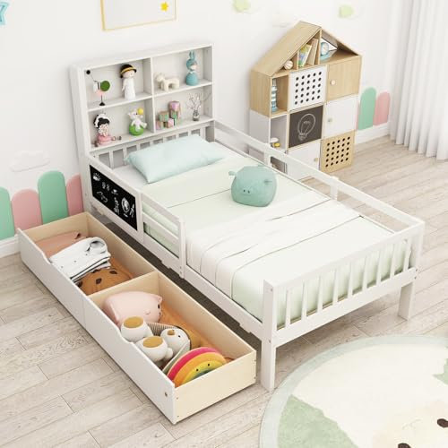 GYMAX Wooden Kids Bed Frame, Children Floor Bed with Guardrails, Bookcase, 2 Drawers, Headboard and Blackboard, White Toddler Bedframe for Boys Girls, No Box Spring Needed (Single: 200x97x120cm)