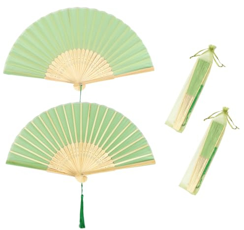 Handfächer Grün, Fächer Grün, 2 Stück Klein Handfächer aus Stoff, Faltbare Fächer mit Quaste und Fan-Tasche, Hochzeitsfächer, für Sommer, Hochzeit, Aufführung, Dekoration