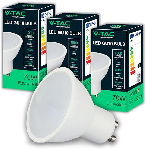 V-TAC 3x Ampoules LED GU10-10W Haute luminosité (Équivalent 70W) - 1000 Lumen - Spot LED GU10 pour une Efficacité Maximale et une économie d'énergie - Blanc Chaud 3000K