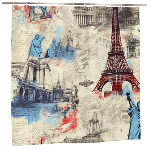 Mexpekil Rideau de douche rétro Tour Eiffel London New York City avec crochets 183 x 183 cm en tissu imperméable pour salle de bain