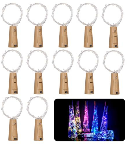 12 Pack Bottle Lights, Bottle Light with Cork 2M 20 LED String Fairy Lights Battery Operated Wine Bottles Light Copper Wire String Light for DIY, Party, Decor, Wedding Indoor Outdoor (Multicolor)
