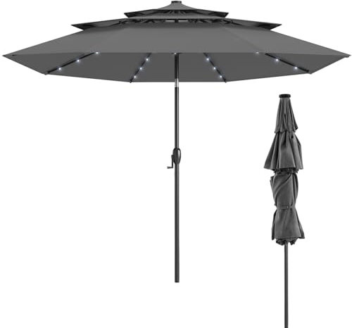 KOMFOTTEU Sombrilla de Jardín con 32 Luces LED, Parasol Terreza Exterior con Techo Ventilado de 3 Niveles, Panel Solar y Manivela, Sombrilla de Patio Inclinable de 35° con 8 Varillas (Gris)