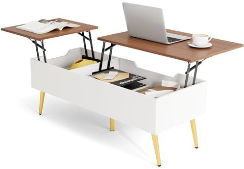 GOPLUS Table Basse Relevable avec Rangement, Table de Salon Plateau Relevable avec Compartiments Cachés et 2 Plateaux Relevables, pour Bureau,111 x 48 x 40-53,5 cm (Blanc+Noyer)