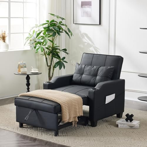 Karl home Sofa Bed, 3-in-1 Convertible Chair Bed Pull Out Futon Couch with Adjustable Backrest, USB Charging, Cup Holders, Side Pockets for Small Spaces Apartments, Living Room Bedroom (Black)