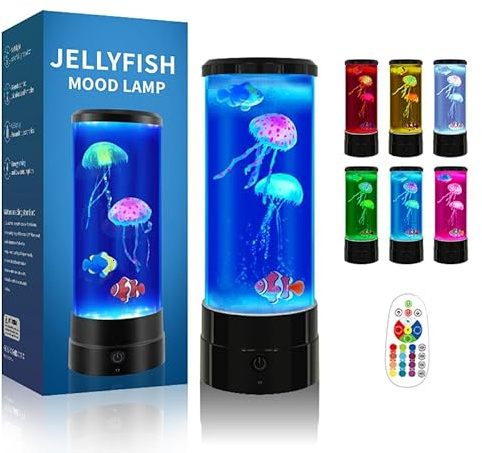 Jellyfish Lamp 12 - Black Minimalist Cylinder Table Lamp with 2 Large Jellyfish & 2 Fish, 16 Color Changing LED, USB Powered, Remote Control, Jellyfish Light Lamp for Bedroom, Home Decor, Relaxation,