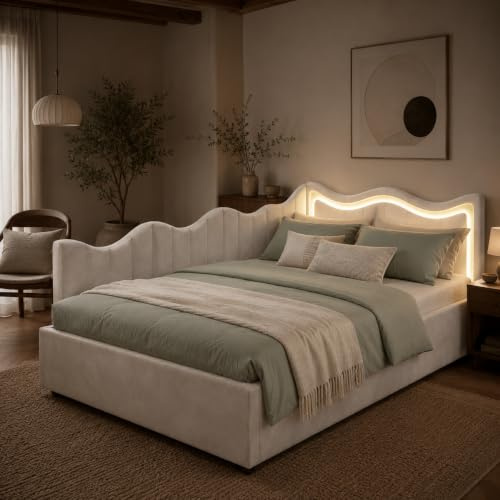 Kinderbett Polsterbett 90x200cm,Bett mit Stauraum Kinderbett Mädchen Einzelbett mit Led Bettgestell mit Lattenrost Jugendbetten mit Kopfteil Stauraumbett,Samt,ohne Matratze (Beige-B, 90x200cm)