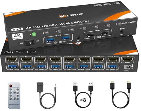 Conmutador KVM HDMI 8 ordenadores y 1 monitor, conmutador KVM USB 3.0 con soporte 4K @ 60Hz para 8 PC con teclado y ratón compartidos, compatible con Windows/Linux/Mac, etc
