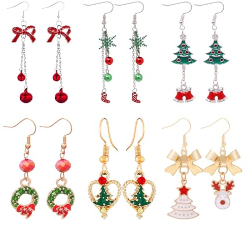 PIujsym 6 Paare Weihnachtsohrringe Damen, ohrringe weihnachten Tannenbaum Schneekristall Rentier für Weihnachtsfeiern Silvester Party Mode Accessoire für Frauen Mädchen