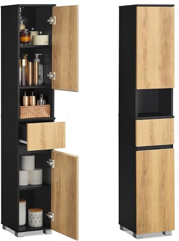 VASAGLE Badezimmerschrank, mit Einer Schublade, 30 x 30 x 170,2 cm | Badschrank, Badezimmermöbel, verstellbare Ablagen, offenes Fach, Schwarz und Braun, KAILYN Kollektion BBK560BC01
