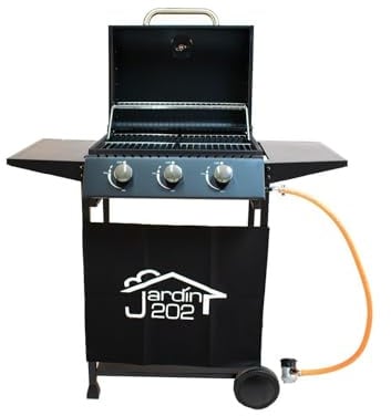 JARDIN202 - Barbacoa Gas Alaska 3 Quemadores | Parrilla Gas con Tapa y Ruedas | Termometro | Mesas Auxiliares Plegables | (Negro)
