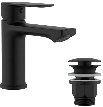BELZ Black Basin Tap with Waste, Single Lever Hot & Cold Bathroom Sink Tap | Water-saving and splash-free flow, anti-leak ceramic cartridge, easy fit, corrosion-resistant finish for modern bathrooms