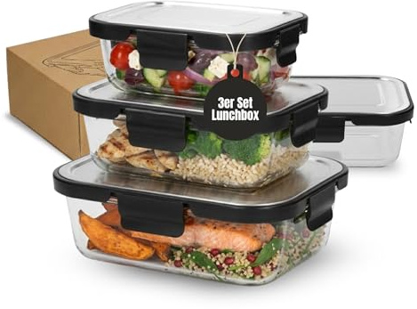 Vorratsdosen 3er Set auslaufsicher - Meal Prep Boxen 1040, 640 und 370 ml | drei Größen, hitzebeständig, 4-fach Clip, Meal Prep, Mikrowelle, Gefrierschrank, stapelbar